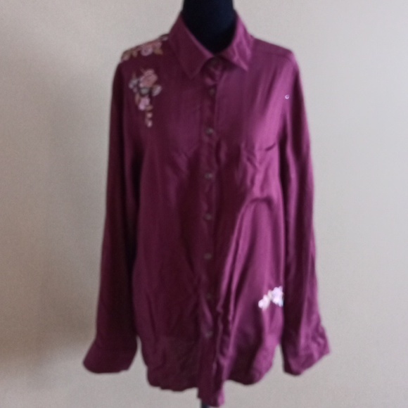 Sz L Know Rose Embroidered Rose Long Sleeve Button Linen Blend Top - Picture 2 of 15